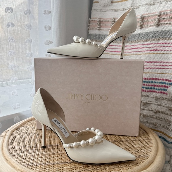 Jimmy Choo Shoes - Jimmy Choo Aurelie 85 Latte White Faux Pearl Embellished Patent Leather Pumps 39